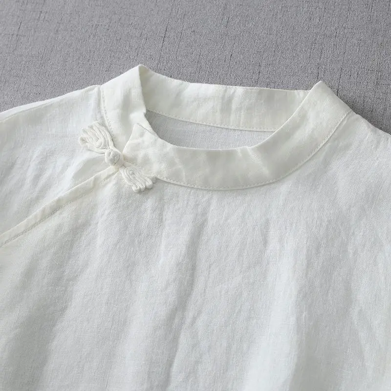 Zen‑Style White New Chinese Women Linen Cotton Blouse, Retro Stand Collar Frog‑Button Long Sleeve Top, Oriental Tea Clothing