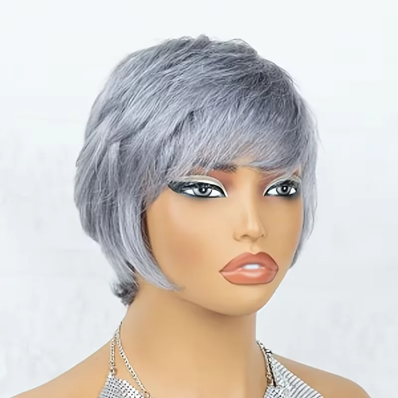 Pixie Cut Grey Wig with Bangs for Daily Wear