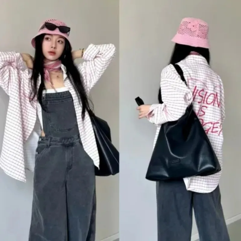 Women Pink Plaid Shirt Long Sleeve Polo Collar Blouse Back Letter Print Y2K Streetwear Checkered Shirt Outerwear Female Tops