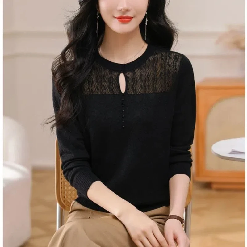 

Spring and Autumn New Round Neck Versatile Knitted Shirt for Women's Commuting Short Thin Long Sleeve Top