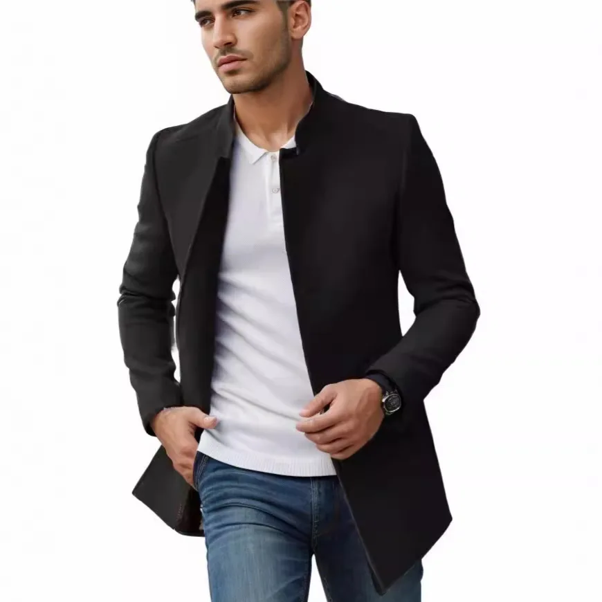 Men Autumn Coat Fashion Simple Solid Color Stand Collar Male Jacket Single-breasted Long Sleeve Business Casual Man Outerwear