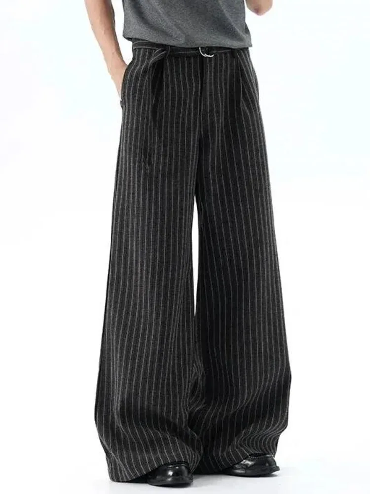 Vintage Casual Men's Suit Pants Detachable Ribbon Loose Fit Striped Wide Leg Straight Trousers Summer Lightweight VFQB