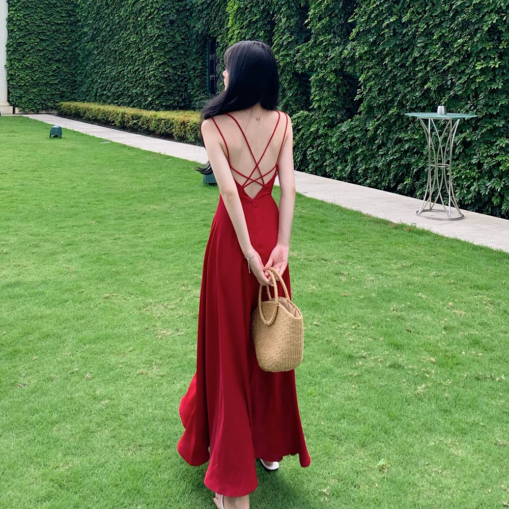 Sexy Bal Strap Dr. Roter Strandrock Damen Sommerurlaub Satin Lang Dr Super Fairy T Maxikleid mit hoher Taille V Ne