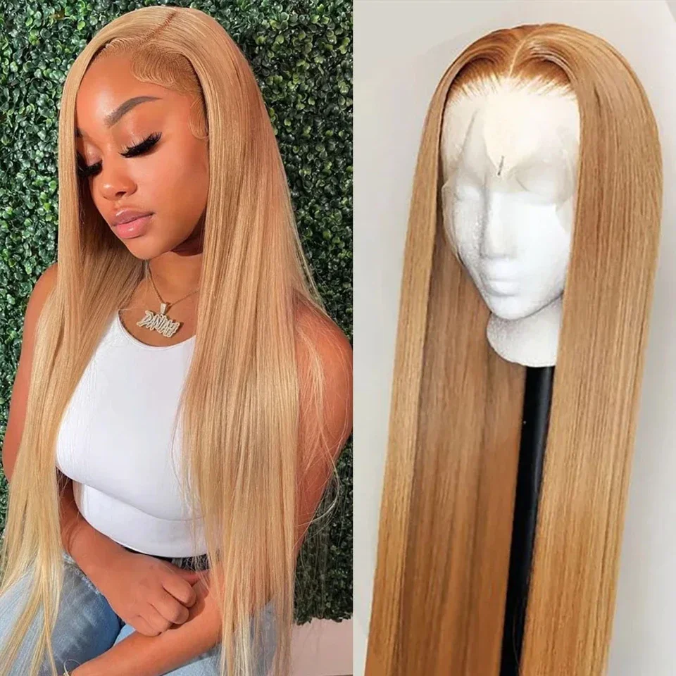 #27 Honey Blonde Straight Lace Front Human Hair Wigs 13x6 HD Transparent Lace Frontal Human Hair Wig Raw Indian Pre Plucked 180%