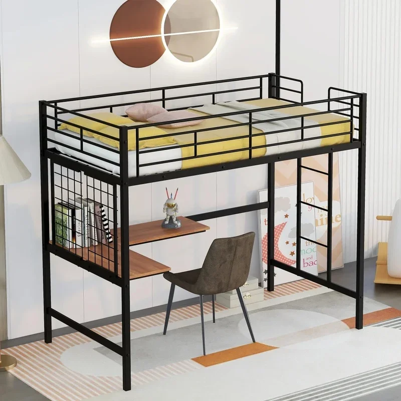 Metal Loft Bed with Desk and Grid Design, Black Finish