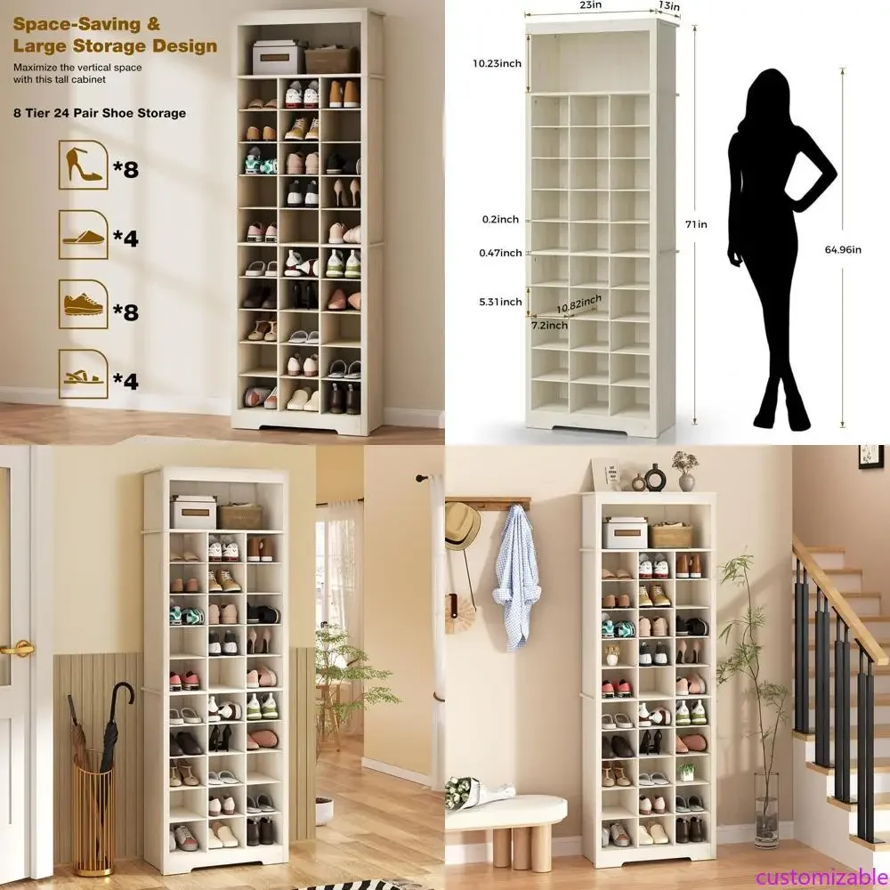 

Бежевый высокий шкаф для обуви (72 дюйма) с 10-ярусным регулируемым деревянным органайзером для хранения обуви