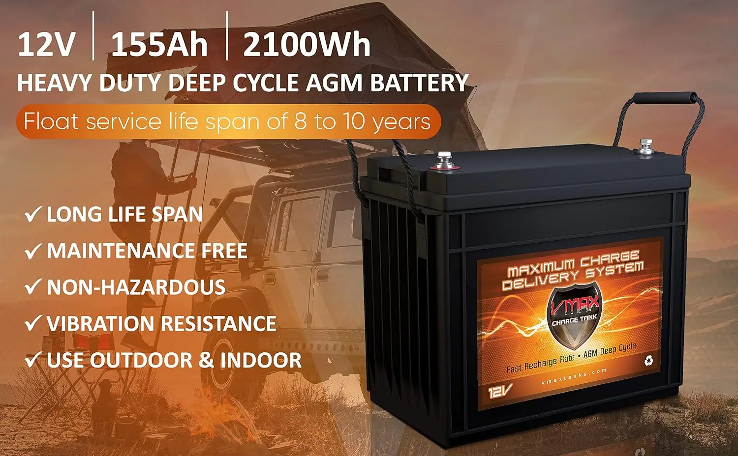 155Ah 12V AGM Deep Cycle Rechargeable Battery for Solar RV Marine Backup Power, Customized