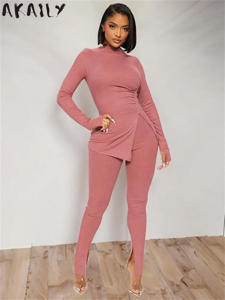 Akaily Fall Pink Ribbed 2 Two Piece Tracksuit Causal Sporty Clothing For Women 2023 Long Sleeve Split Tops Blue Skinny Pants Set