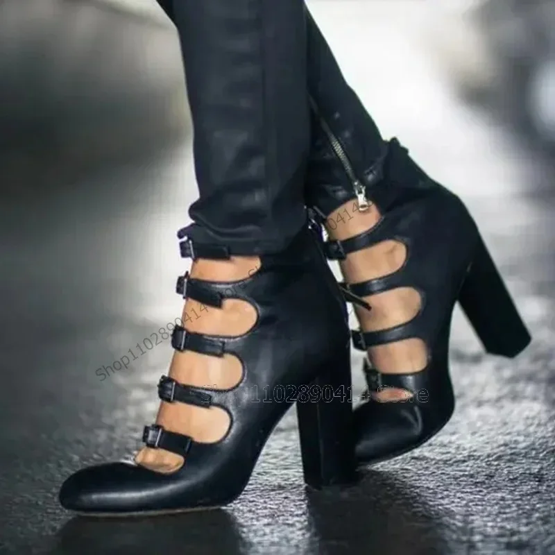 

Black Buckle Decor Hollow Design Round Toe Pumps Back Zipper Women Shoes Chunky High Heels Sexy Fashion 2025 Zapatos Para Mujere