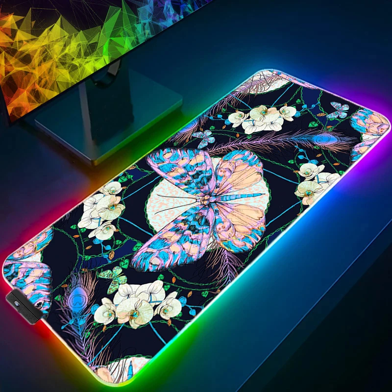 Imagem -03 - Flores e Borboleta Led Mouse Pad Vermelho e Azul Anime Gaming Mousepad Rgb Laptop Gabinete Kawaii Gamer Tapete de Mesa Tapete de Teclado xl