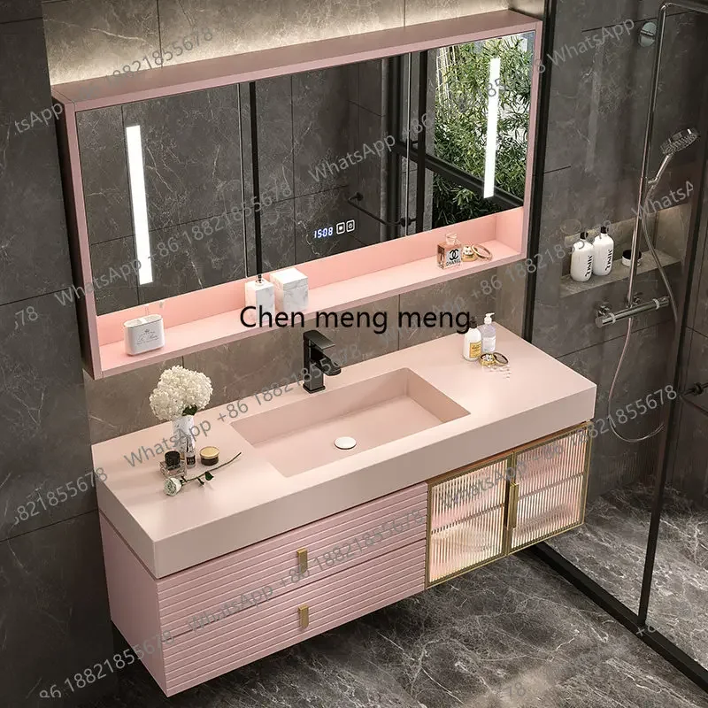 S178 Pink Skin Corian Integrated Basin Bathroom Oak Bathroom Cabinet Wall-mounted Smart Washbasin