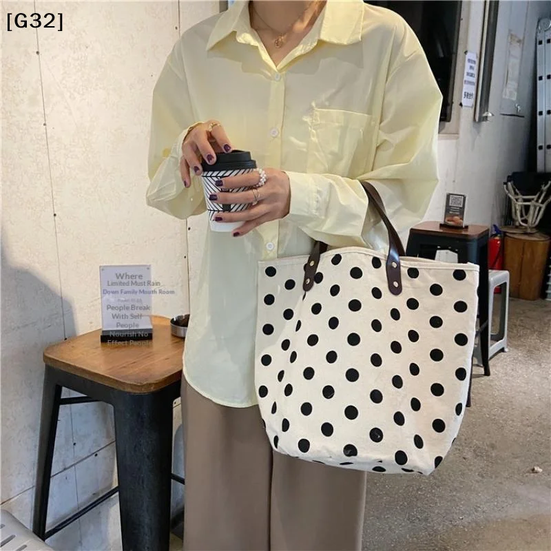 Simple Polka Dot Canva Tote Bag For Women Large And Small Handbags With Leather Handles Casual Daily Shopping Shoulder Bags[G32]