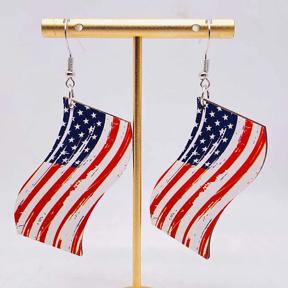 New Independence Day Wooden Earrings for Women American Flag Heart Five-pointed Star Teardrop Earring USA Patriotic 4th of July