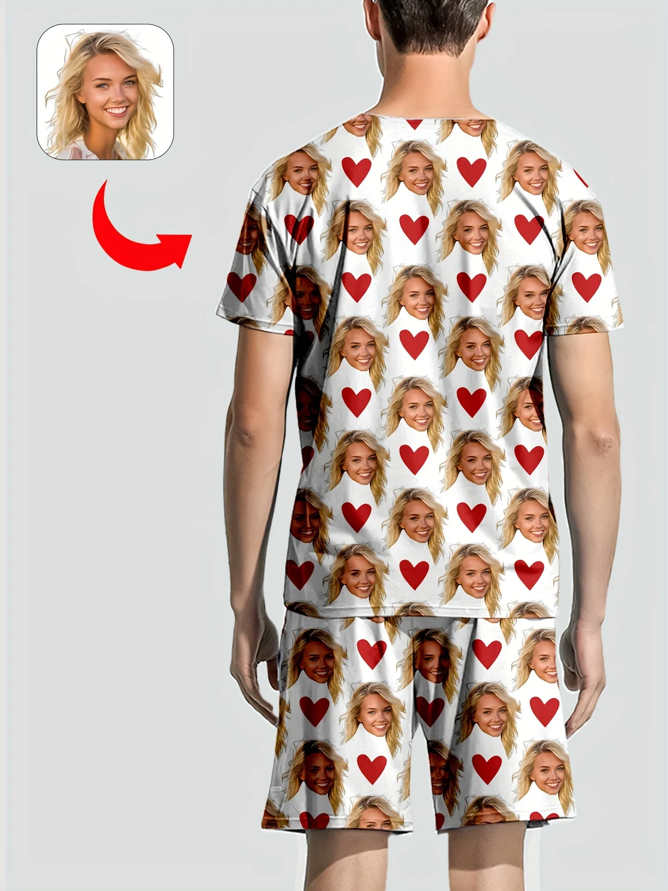 Men's or Women's Facial Printed T-Shirt Shorts Set Personal Photo Customized Comfortable Loose Home Set Valentine's Day Gift image 2