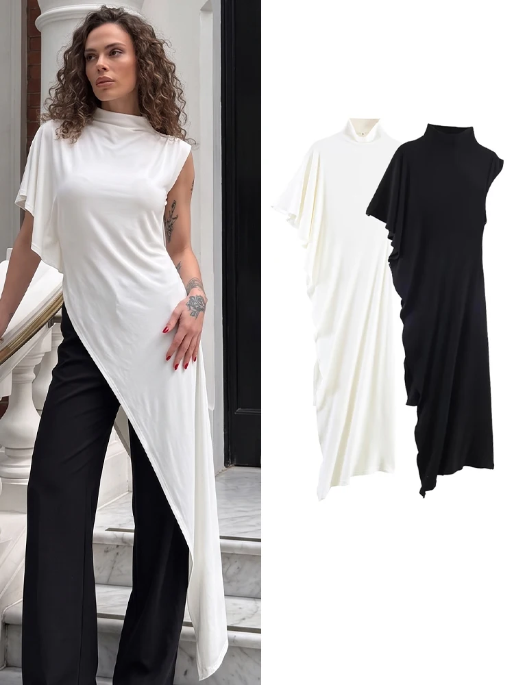 HH Women Elegant Ruffled Asymmetric Tops Solid Color Y2K Style Slim Fit Extra Long T-shirt 2026 New Summer Fashion Street Wear