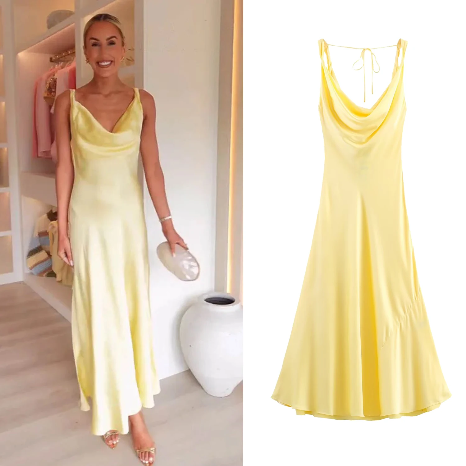 Robe longue en Satin pour femmes, couleur unie, dos nu, col en v, mi-longue, Style vacances, élégante, Sexy, bretelles à lacets, nouvelle collection été