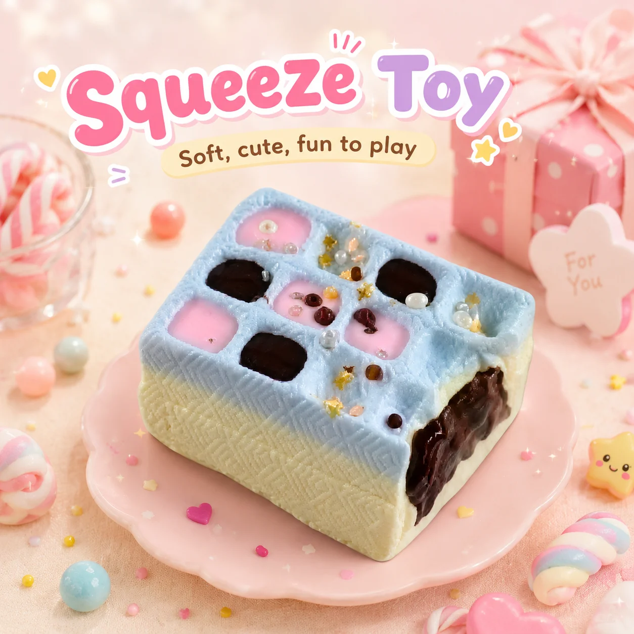 Kawaii Bite Square Pastry Mochi Squishy Toy Food Grade Soft Silicone Chocolate Pink Grid Squeeze Toy For Children