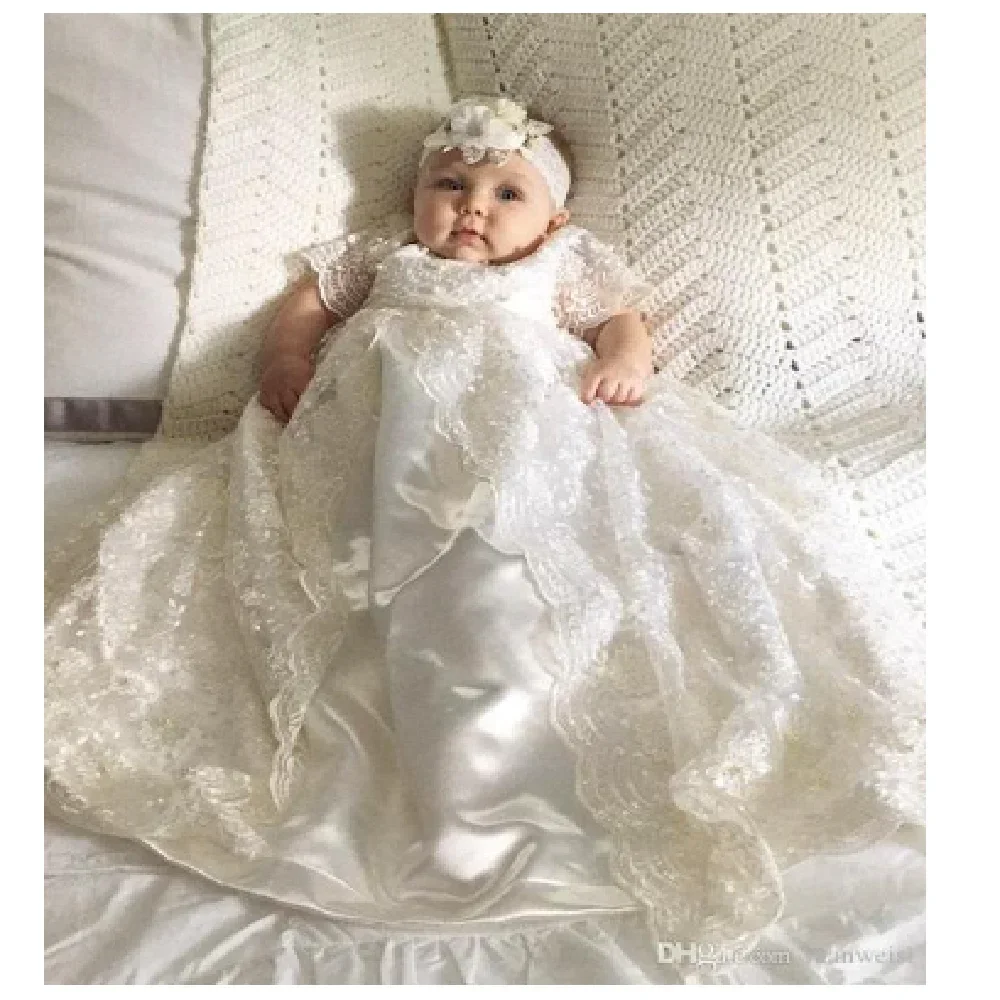 

Beautiful Beaded Lace Baby Christening Dress White Newborn Baby Girl 1 Year Birthday Short Sleeve Baptism Dresses