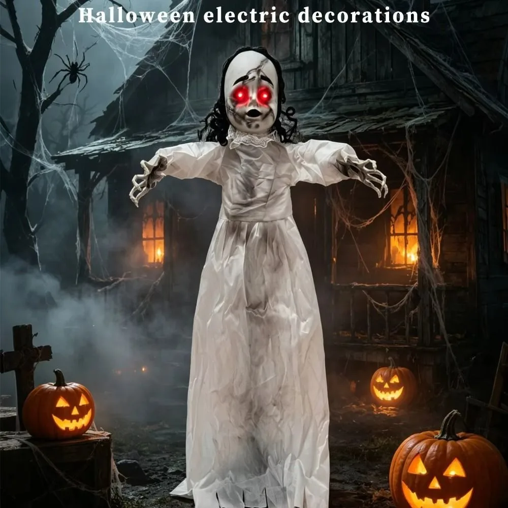 Glowing Eyes Walking Girl White Clothes Swing Hanging Ghost Voice-Activated Haunted House Prop White Sound Activated Scary