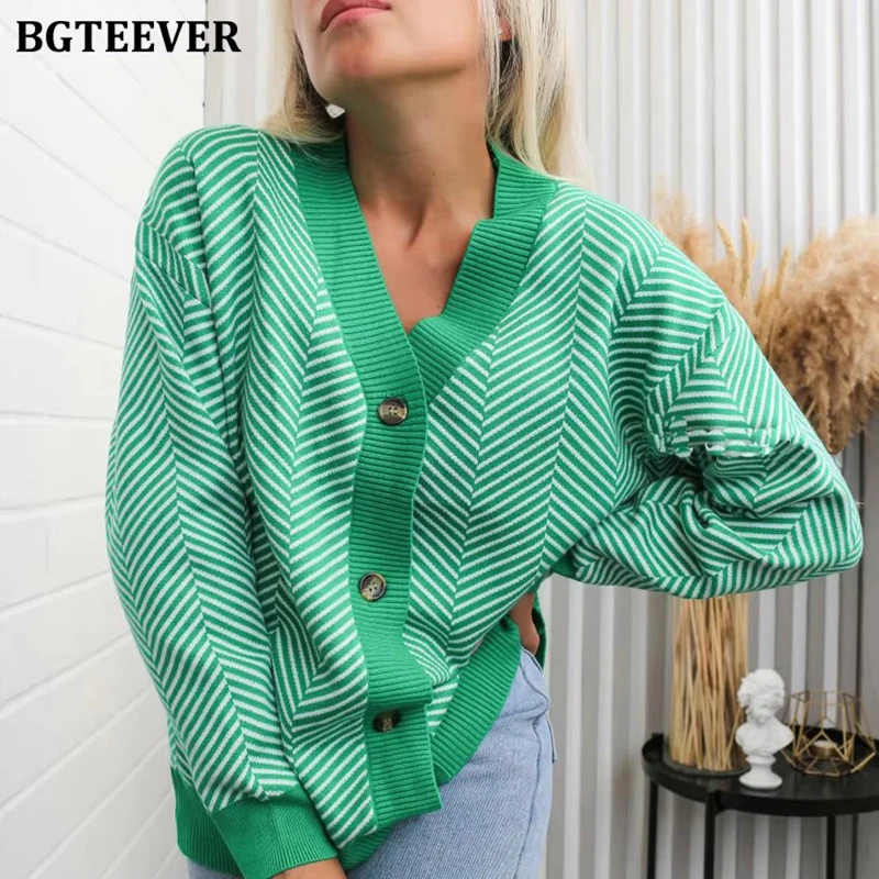 

BGTEEVER Casual V-neck Striped Cardigans Sweaters Women Autumn Winter Long Sleeve Loose Knitted Open Stitch Female Outwear