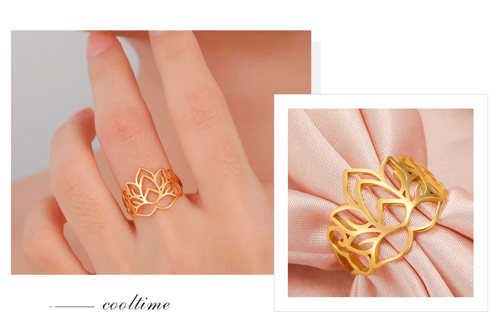 COOLTIME Frauen Lotus Ring Edelstahl Buddhismus Yoga Glück Finger Ring Amulett Schmuck Geschenk Großhandel – Detail 12