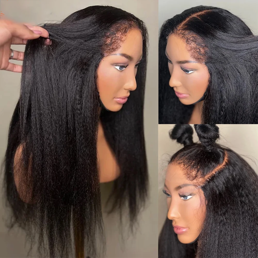 

Natural Black Glueless Middle Part Preplucked Yaki 26“Long 200% Density Kinky Straight Soft Lace Front Wig For Women Baby hair