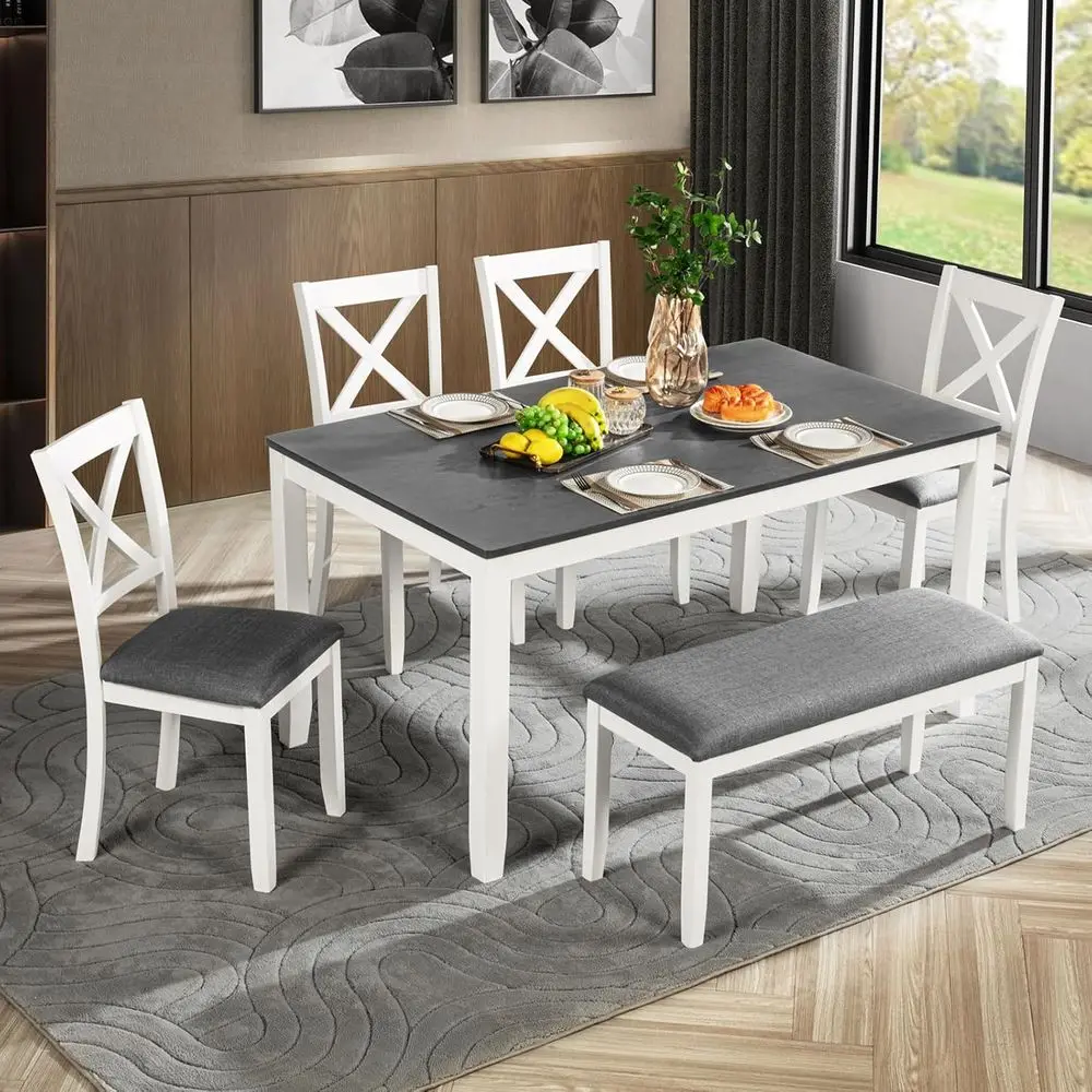

6-Piece Dining Set with 4 Chairs and Bench, White & Gray for 6 People