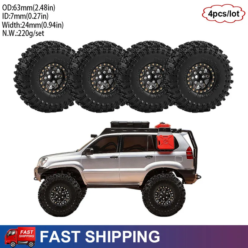 4Pcs 1.0 inch Brass RC Crawler Beadlock Wheels Rims Tires Set for 1/18 TRX4M SCX24 FMS Ascent-18 1/24 Axial SCX24 AX24 FCX24