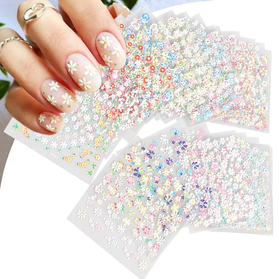 30 Pcs Colorful Flower Nail Stickers Set Small Sakura Daisy Cute Flowers Decals 3D Self Adhesive Sliders Manicure Decoration