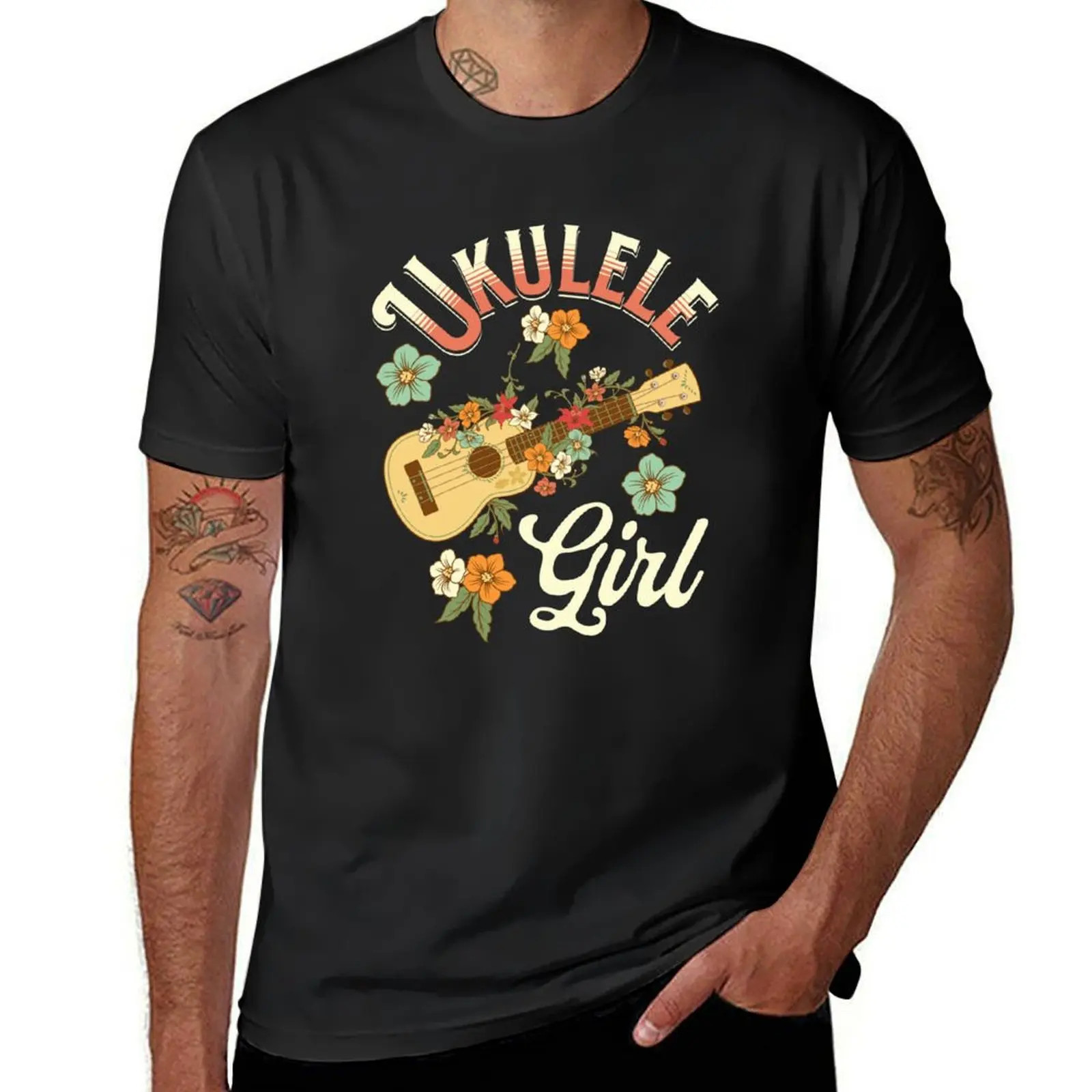 Ukulele Girl Vintage Ukulele Hawaiian Flowers Hawaiian Music Ukulele Player T-Shirt boys whites oversizeds clothes for men