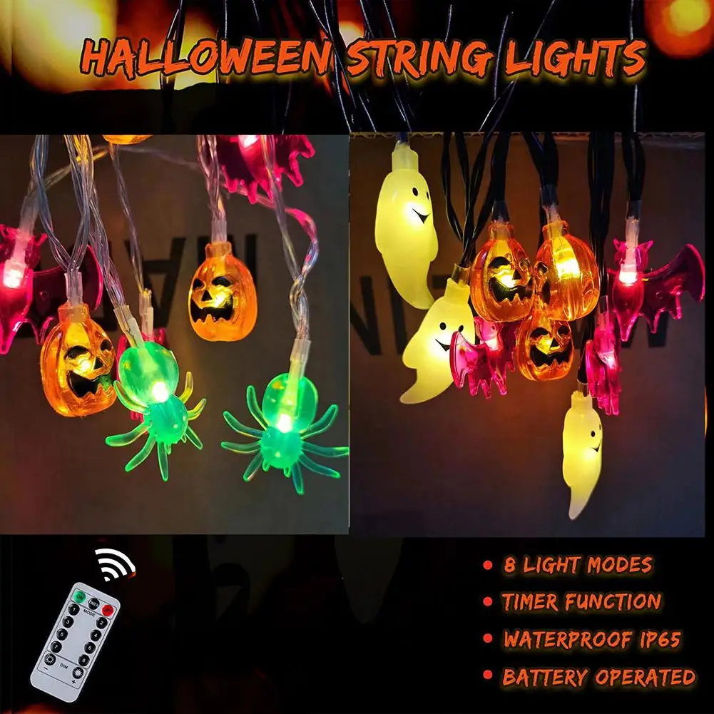 Halloween Lights 10ft 20 LED wodoodporny dyniowy nietoperz łańcuchy świetlne zasilanie bateryjne 8 trybów bajkowe oświetlenie z zegarem na Halloween