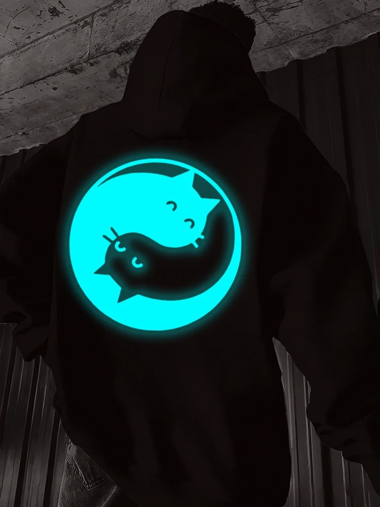 

Black White Cat Print Men Women Hooded Sweatshirt Luminous Glow in The Dark Novelty Male Hoodies Unisex Streetwear