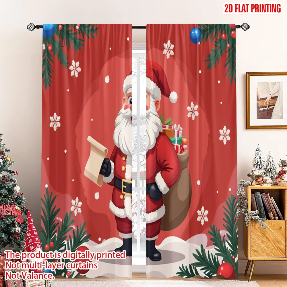 

2pcs 2D flat printing Christmas Window Curtains Santa Claus Christmas Gift List 100% Polyester Fabric Without Electricity
