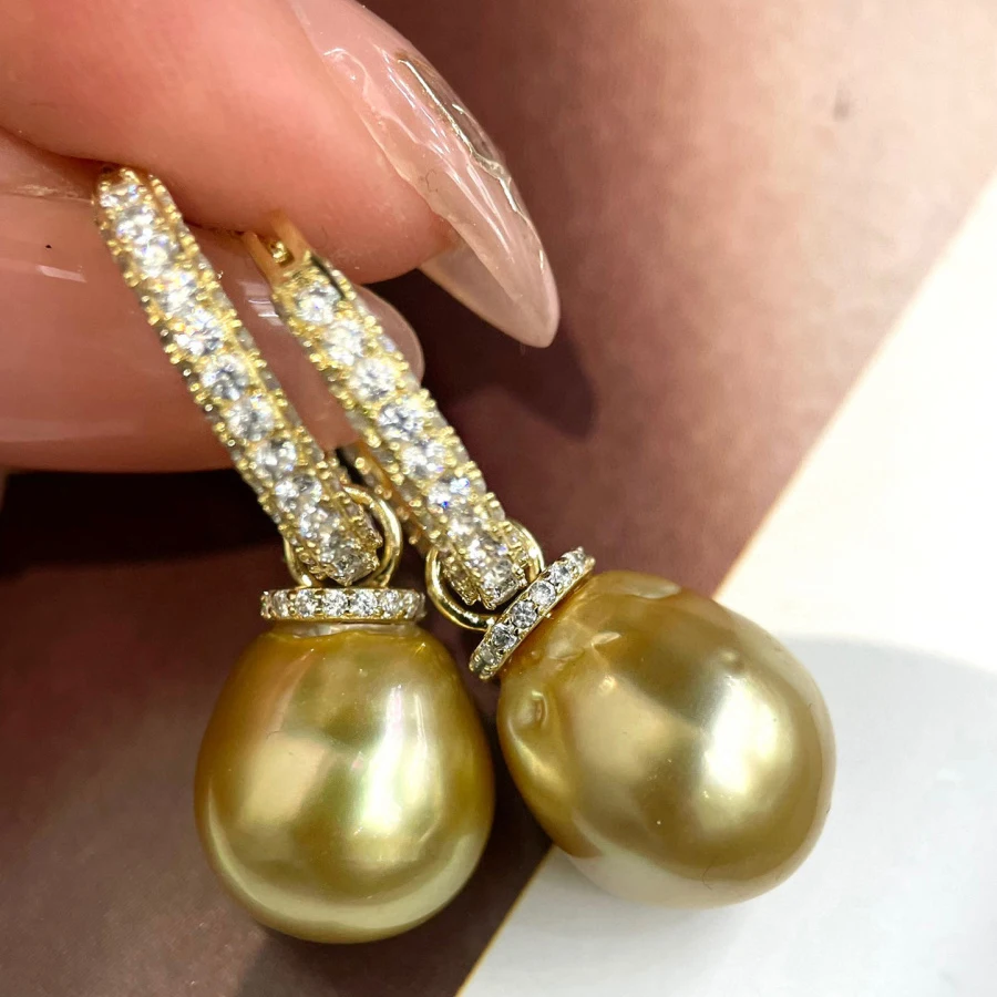 MeiBaPJ DIY 925 Silver Holder 11-12mm Golden Natural Round Pearls Fashion Drop Earrings Fine Jewelry for Women