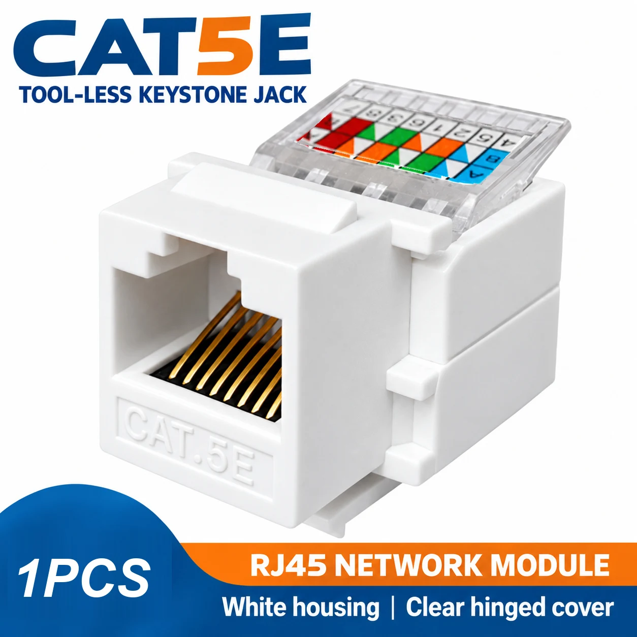 1PCS Cat5e RJ45 Tool-Less Keystone Jack White Ethernet LAN Network Cable Module with Clear Cover and Gold-Plated Copper Contacts
