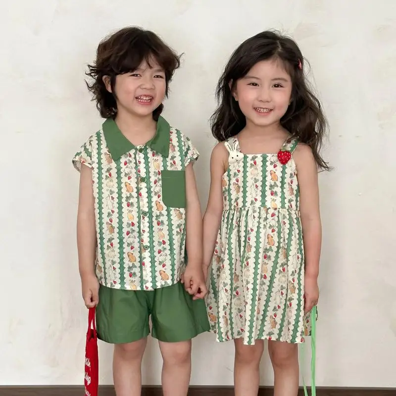 

2025 Summer New 1-10 Years Old Brother Sister Clothes Girls Strap Dress Boys Fashion T Shirt + Shorts 2PCS Suit Clothing Set