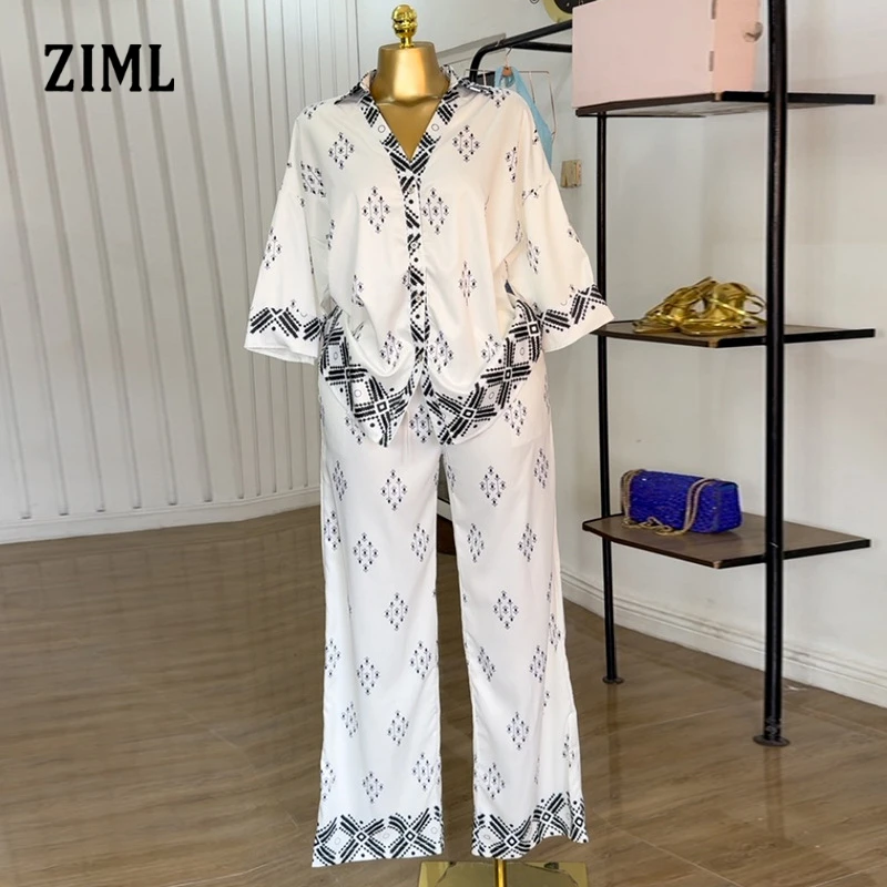 

ZIML Hit Color Loose Two Piece Sets for Women Lapel Long Sleeve Spliced Button Tops High Waist Pants Printing Set Female Fashion