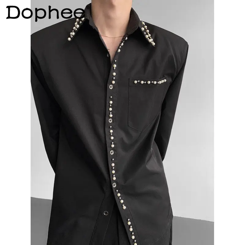

2025 Autumn Men's Korean Style High-End Long Sleeve Shirt Dark Palace Style Pearl Trim Decorative Top Trend