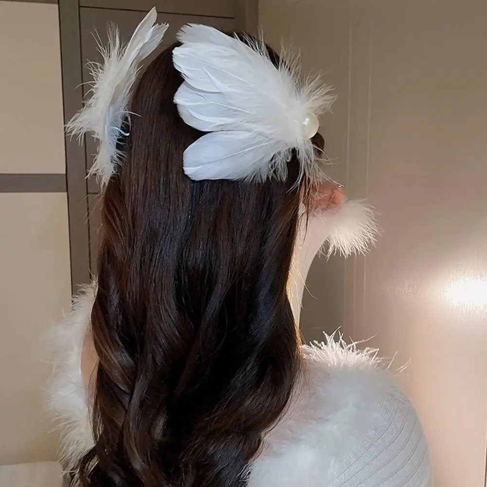 White Feather Hair Clip Ballet Style Faux Pearl Charm Artificial Swan Feather Hair Pins Women Girls Wedding Bride Christmas