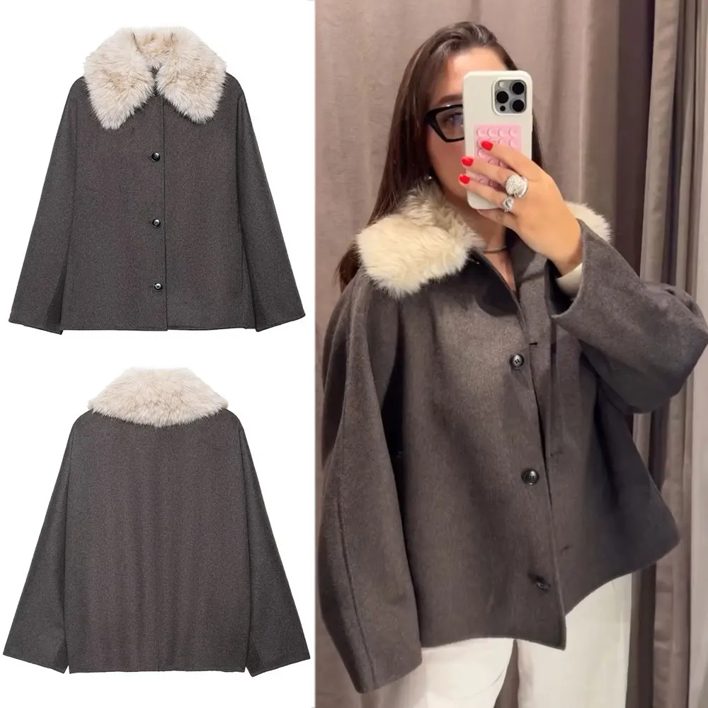 

HH Women Fashion Faux Fur Lapel Woolen Coat Elegant Solid Long Sleeve Single Breasted Jackets Autumn Winter Lady Street Outwear