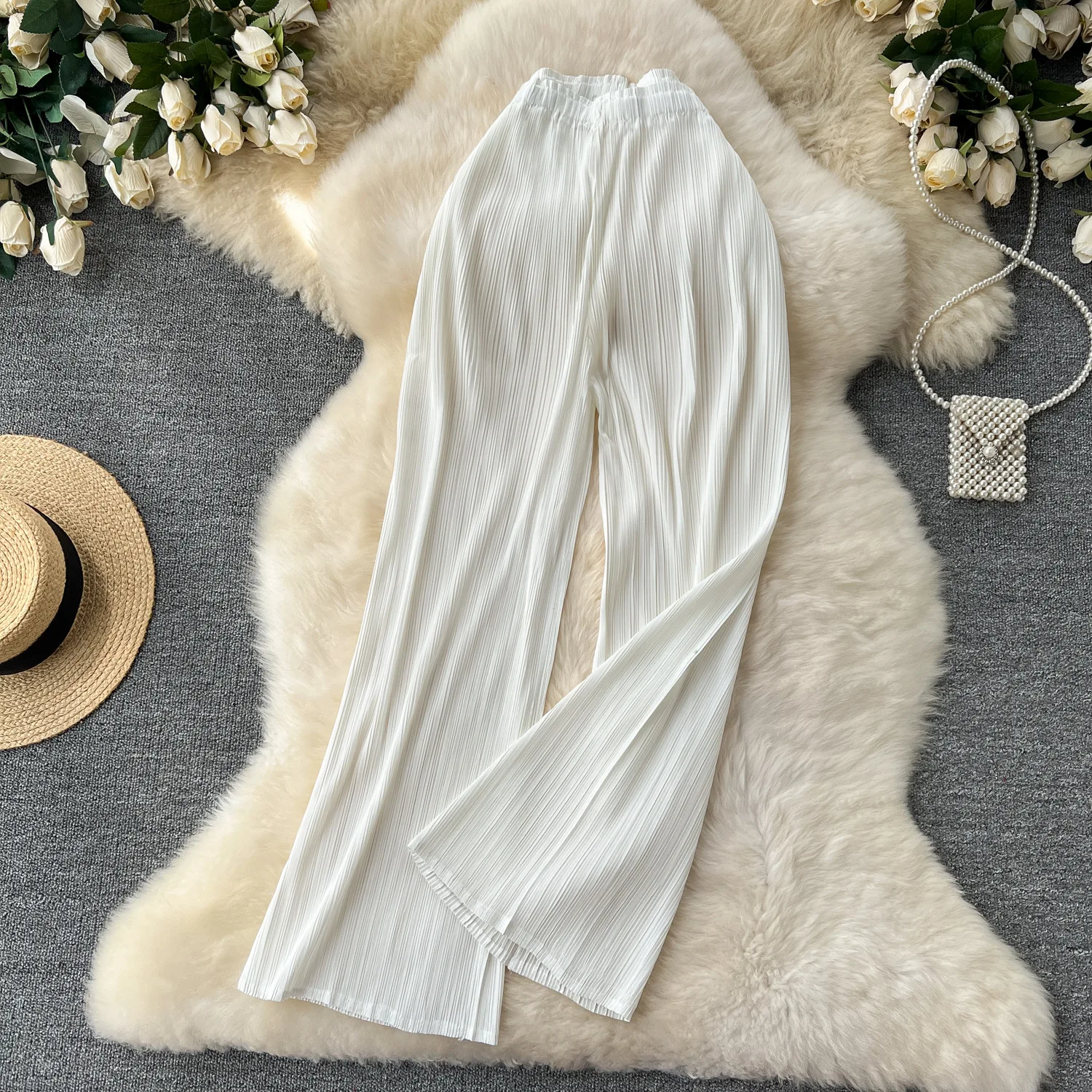 

New Fashion 2025 Summer Wide Leg Trousers Women's Casual Trendy Loose Pleated Solid Color Pants Female Clothes for Holiday Pants