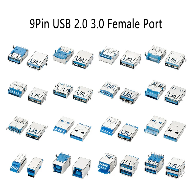 2Pcs USB 3.0 USB-3.0-AF AM Type Port Male Female Solder Jacks Connector PCB Socket For USB Interface Port 90/180 Degrees