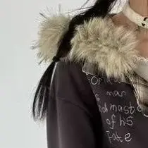 

Kimutomo куртки женские осенне-зимние модные пушистые лоскутные толстовки с заклепками и звездами с буквенным принтом Y2k Harajuku толстовка в стиле гранж