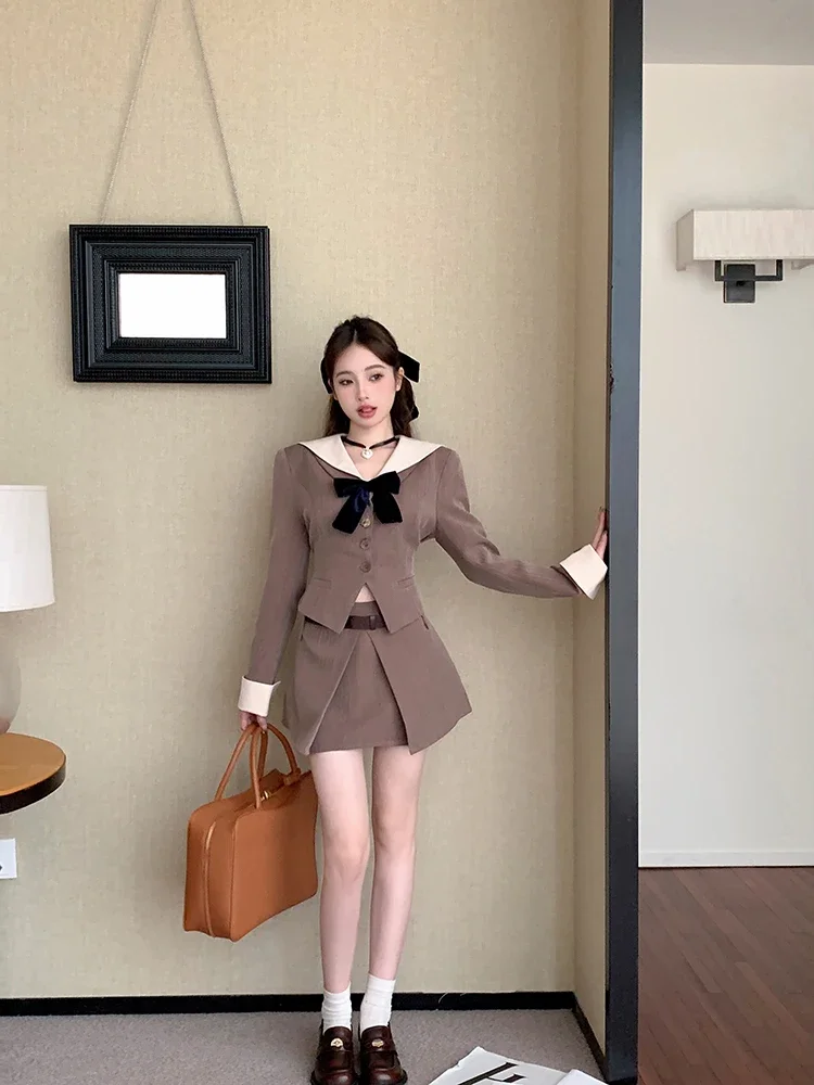 Lnsozkdg Flip Collar Tight Waist Blazer Jacket 2024 New Spring Autumn Slim-fit Suit Tops + Brown A-line Short Skirt Suits Women