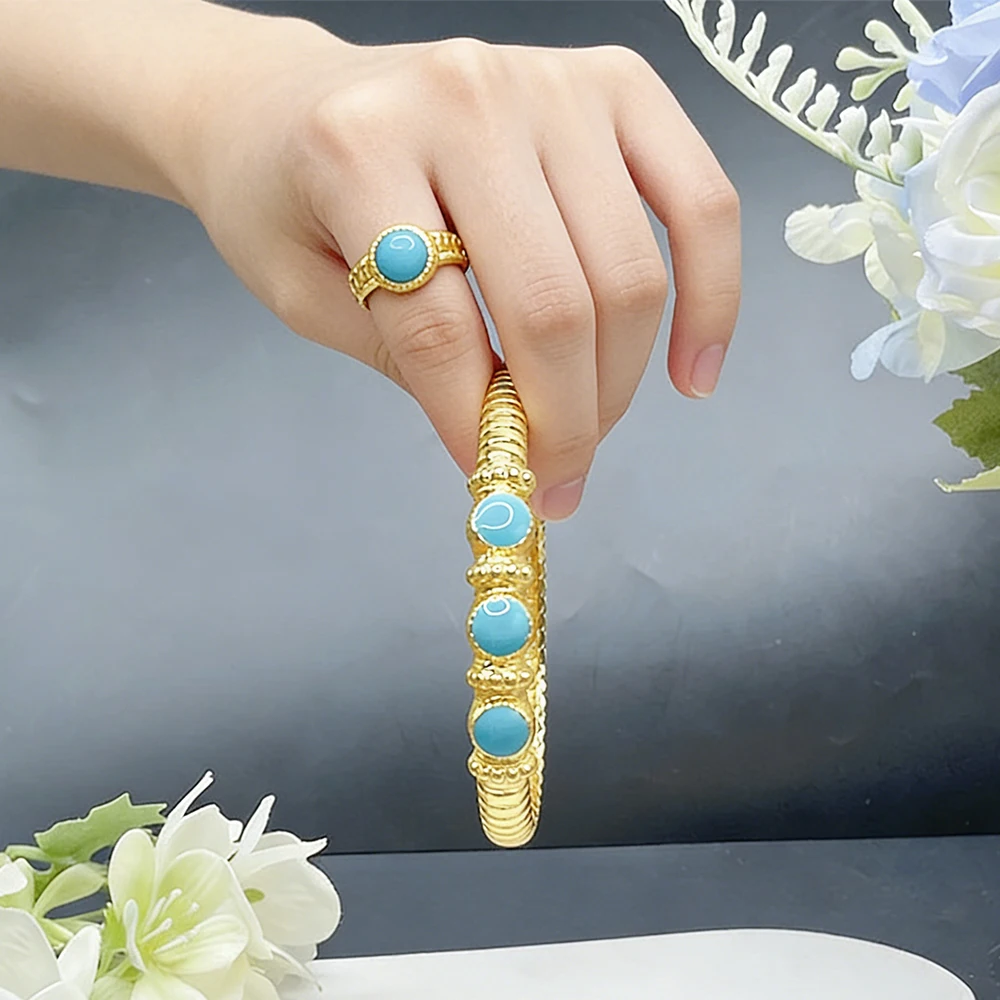 

African Bracelets Oil Dripping Bangles with Ring Set Jewelry Ladies Exquisite Bracelet Ring Gold Color Jewelry Sets Party Daily