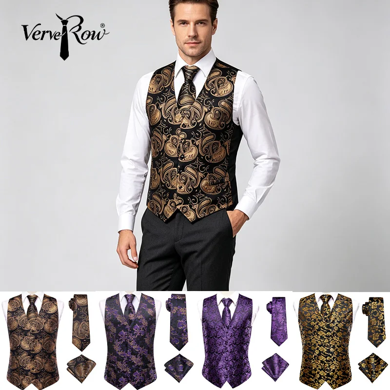 VerveRow Men Black Gold Paisley Waistcoat Vest Tie Pocket Square Set Formal Party Suit Vest