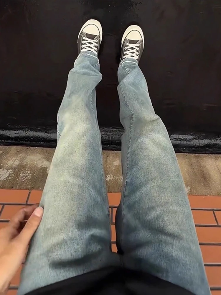 Adated American Retro High Street Jeans para hombre Cleanfit Knife Slim Fit Micro pantalones acampanados Casual Jeans de pierna recta