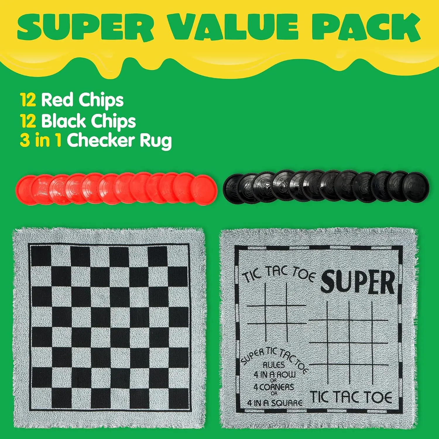 Giant Checkers & Super Tic Tac Toe Combo Game – Oversized Washable Cloth Board With Classic Checker Pieces, 4-In-A-Row Tic Tac Toe Rules Included, Fun For Kids And Adults, Ideal For Camping And Picnics