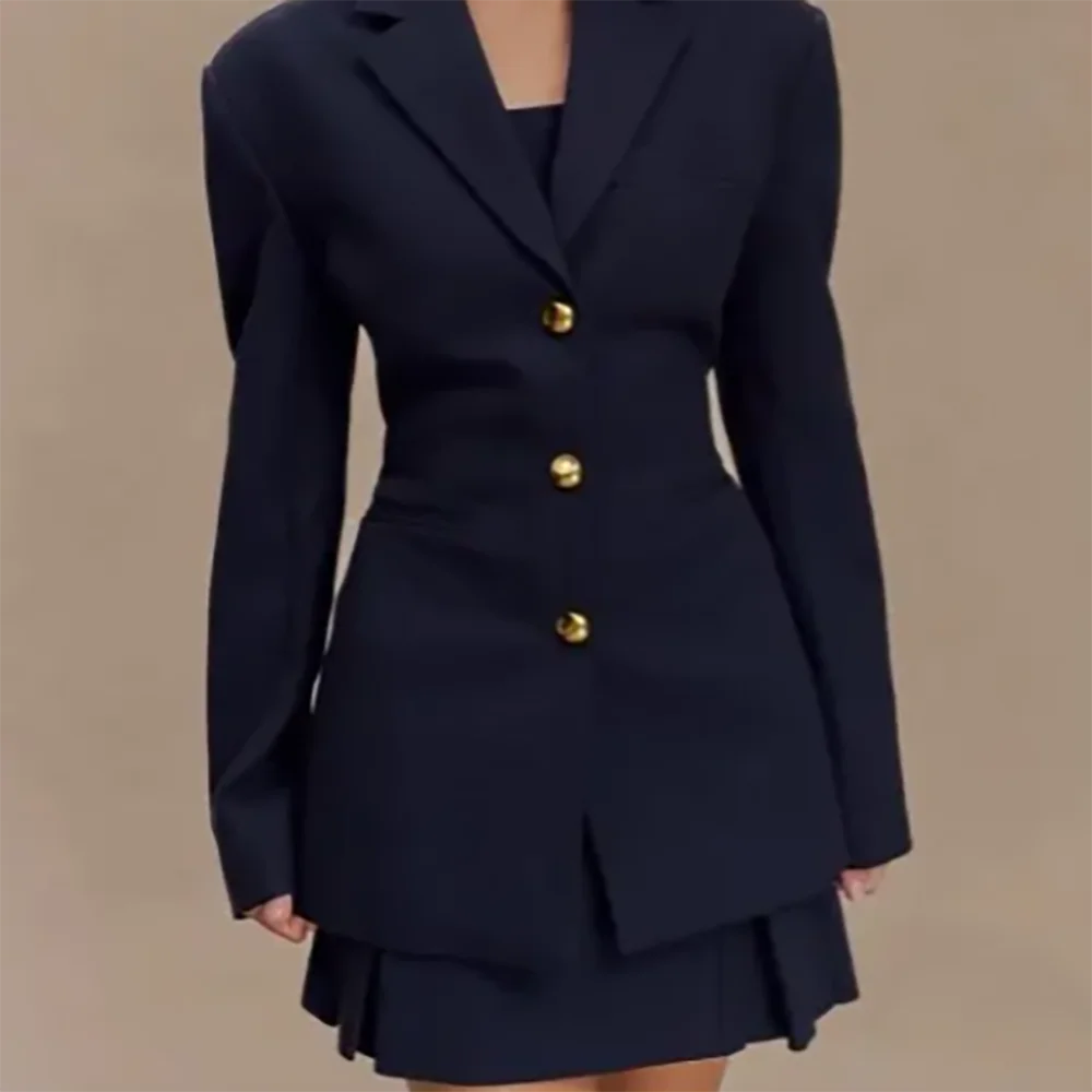 Vrouwen Plooirok Pak Set 2025 2 Stuks (Op Maat Blazer & Hoge Taille Rok) Office Chic Single-breasted Notch Revers Outfit