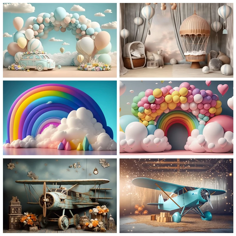 Neugeborenen Baby Portrait Fotografie Hintergrund Heißer Luft Ballon Flugzeug Regenbogen Junge Mädchen Geburtstag Party Kuchen Tisch Dekor Hintergrund